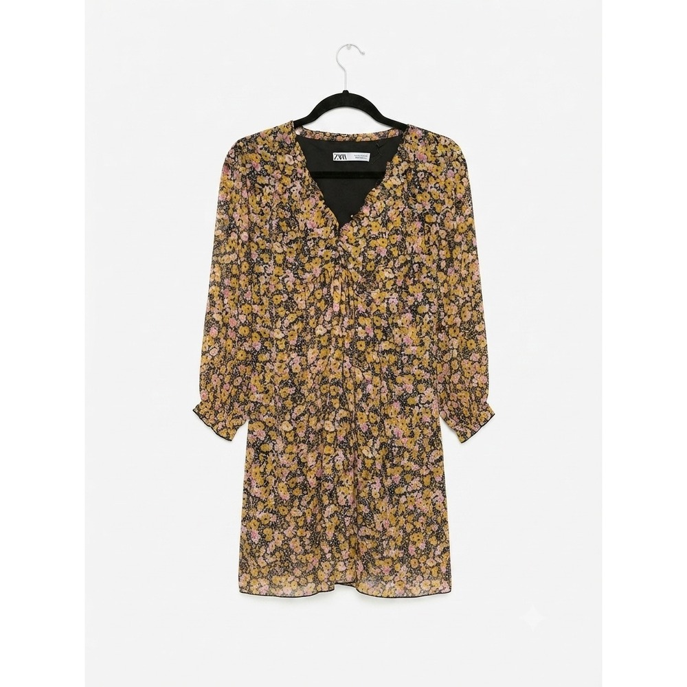 Zara Floral V-Neck Mini Dress Long Sleeve Yellow Pink Chiffon Size L